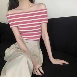 พร้อมส่งในไทย**เสื้อเปิดไหล่ พับครึ่งบน ผ้าไหมพรมยืด ผ้านิ่ม Y113