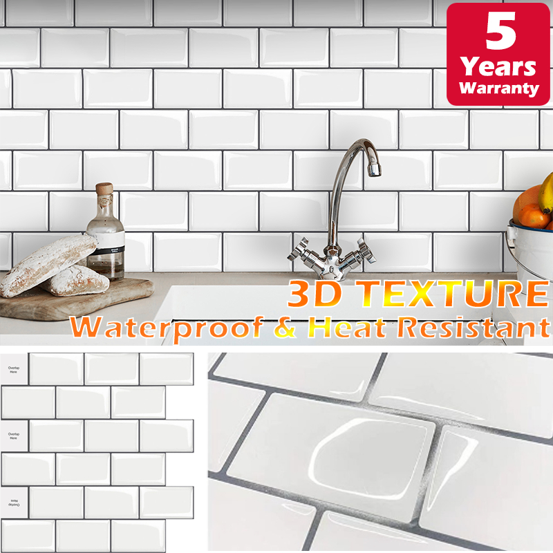 3D วอลล์เปเปอร์ห้องครัว สติกเกอร์ลายกระเบื้องติดผนังน้ำหนักเบา 12นิ้ว ติดเองได้ง่าย กันน้ำได้สำหรับการใช้งานในห้องน้ำ