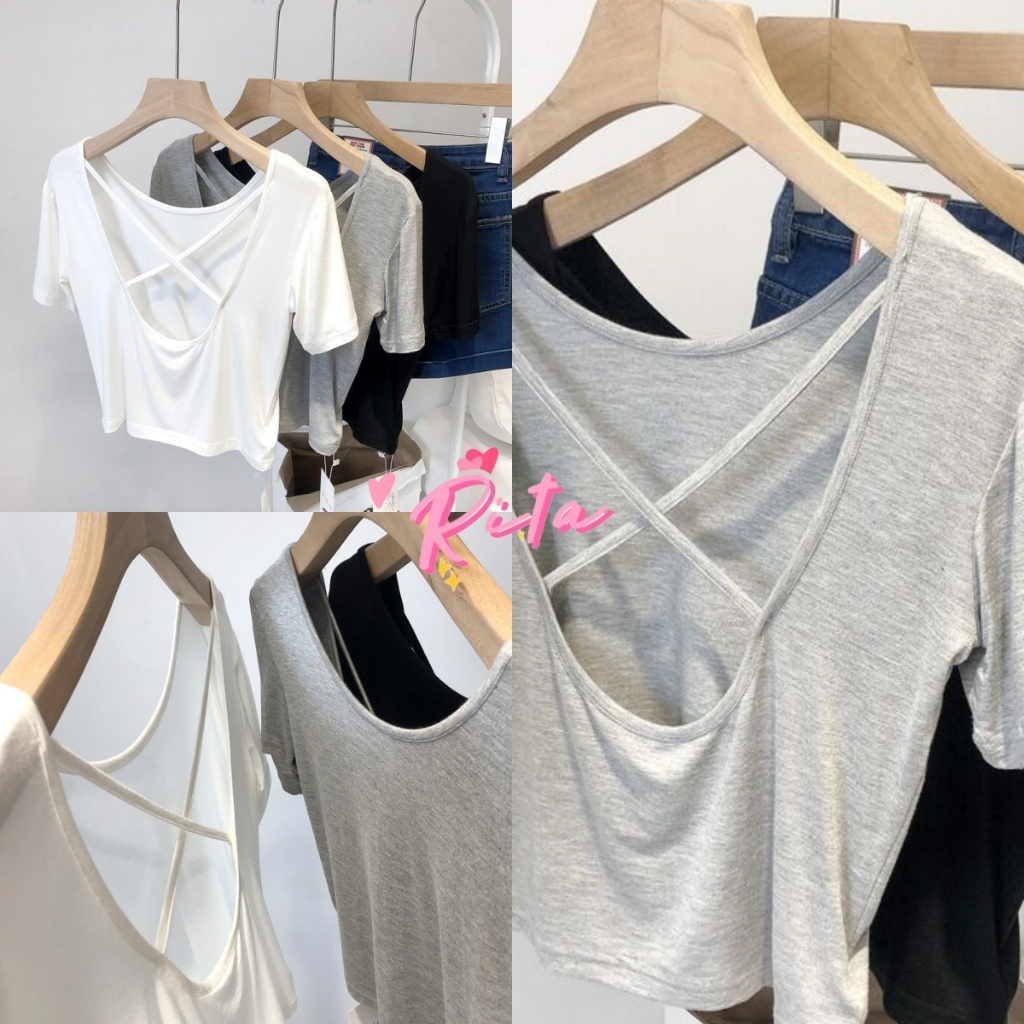 Rita เสื้อยืดลําลอง ความงามข้ามหลังสั้นเสื้อยืดแขนสั้นผู้หญิงด้านบน