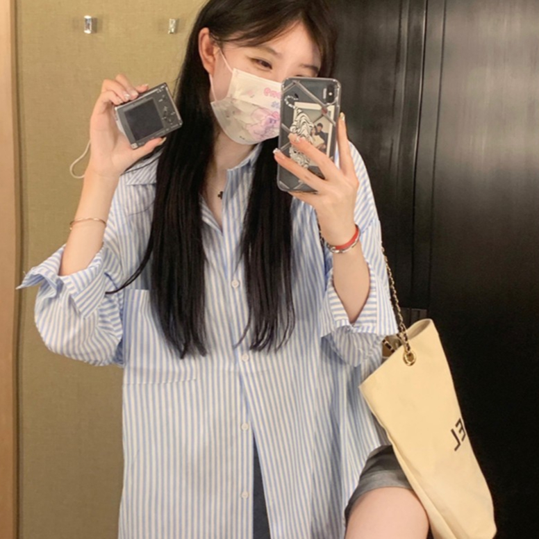 Littlebee W399🌸เสื้อเชิ้ตใหม่ ลายทาง เสื้อผ้าแฟชั่น เกาหลีผู้หญิง แขนยาว คอปก เสื้อคลุม freesize