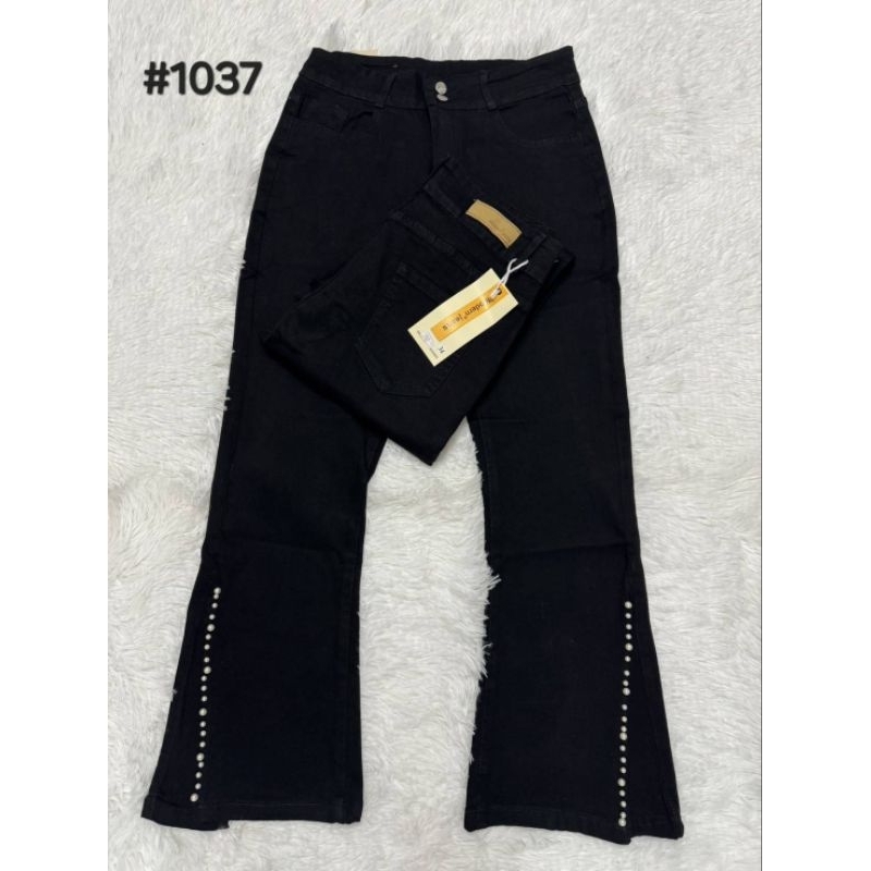 MD jeans กางเกงยีนต์ขาม้าเอวสูง8ส่วน  แต่งมุกปลายขา แขวกปลายขา อวสูง เก็บเอว สะโพก ดีมาก