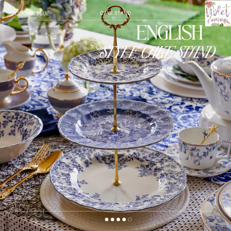 Violet Flamingo จาน 3 ชั้นก้านทอง English Blue Cake Stand ชั้นวางขนมสไตล์อังกฤษ