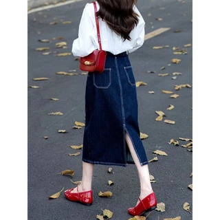 GHAOHES กระโปรงยีนส์ ผญ /S-3XL/ เอวสูง ผ้าไม่ยืด ผ่าหลัง กระโปรงผู้หญิงสีเข้ม ทรงสวย พร้อมส่งค่ะ V76