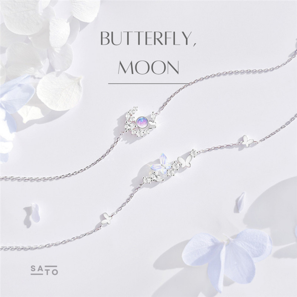 SATO กำไลแฟชั่น Butterfly, Moon Bracelets สร้อยข้อมือ Bestie สร้อยข้อมือคู่ กำไลเงิน กําไลคู่