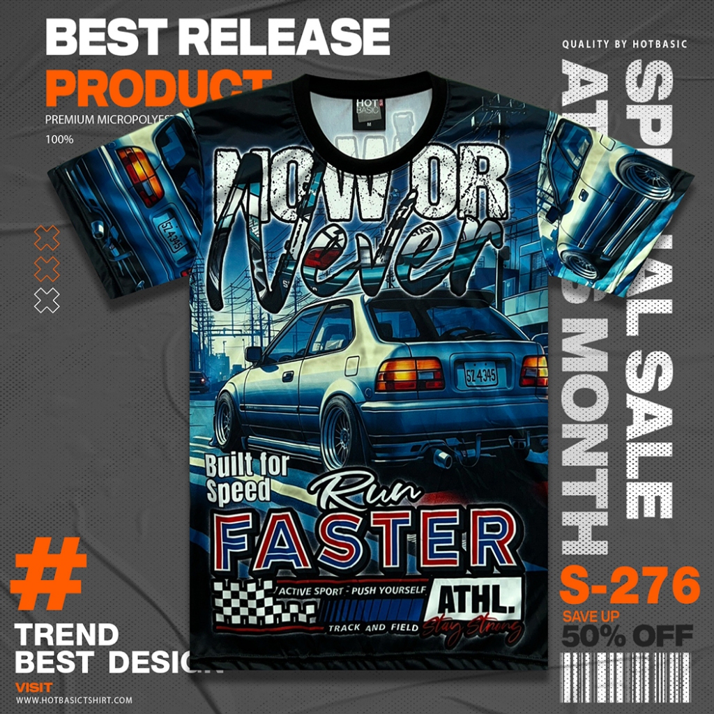 เสื้อยืดรถซิ่ง ลายท้ายรถ | สตรีทแฟชั่น | พิมพ์ลายเต็มตัว | ผ้าไมโครโพลี [S276]