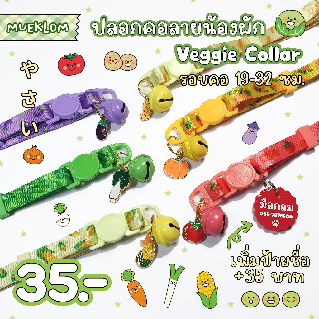 ป้ายชื่อสัตว์เลี้ยง ปลอกคอนิรภัย ปลอกคอแมว ลายผัก 🥦🍅🥕🌽