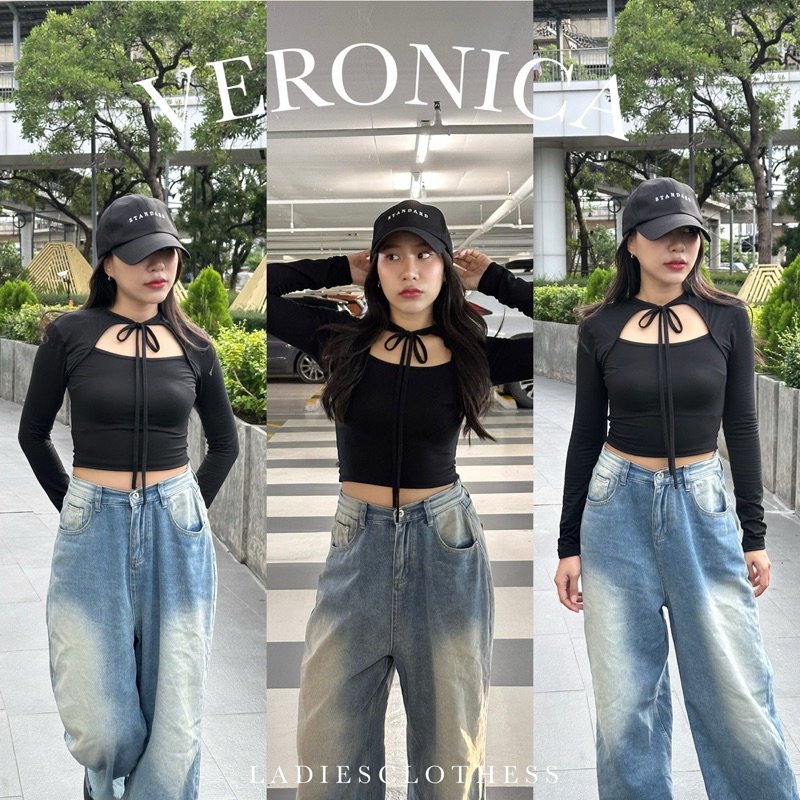 LADIESCLOTHESS #LC338 VERONICA TOP เสื้อแขนยาว เสื้อเอวลอย เสื้อสีดำ