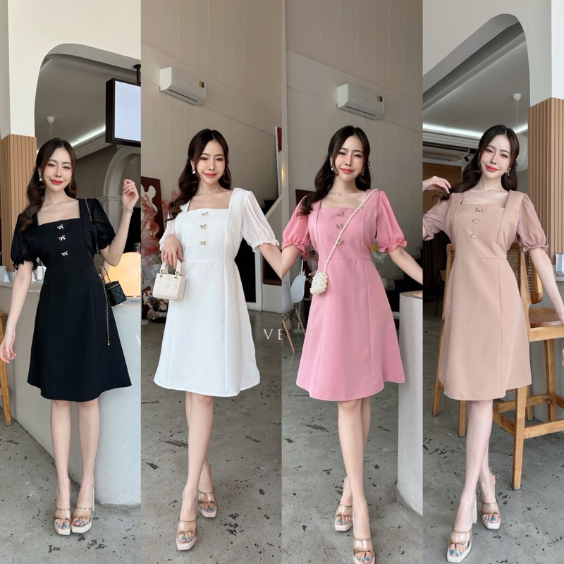 IDAR Dress เดรสคอเหลี่ยมแต่งแขนตุ๊กตาชีฟอง กระดุมโบว์น่ารักมากvera