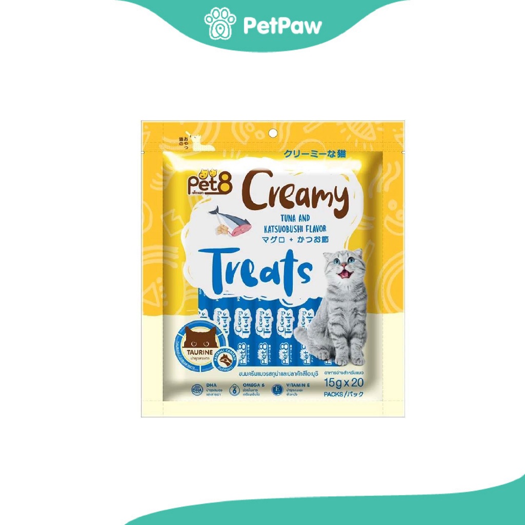 Pet8 : เพ็ทเอท ขนมครีมแมว รสทูน่า และปลาคัทสึโอะบูชิ 15 กรัม x 20 ซอง