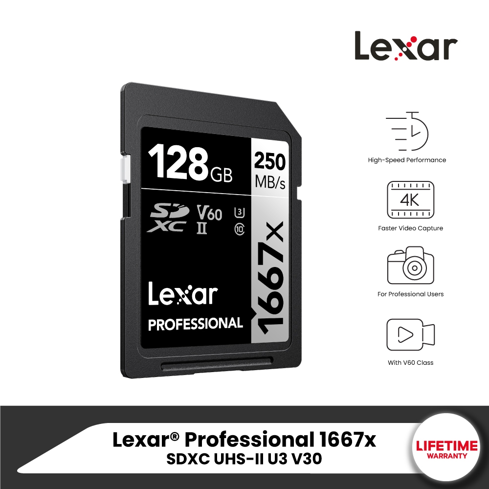 Lexar SD1667x 128GB UHS-II U3 V60 SD Card (เอสดีการ์ด) Full-HD 3D 4K RW250/120MB/s (LSD128CB1667) เมมโมรี่การ์ด