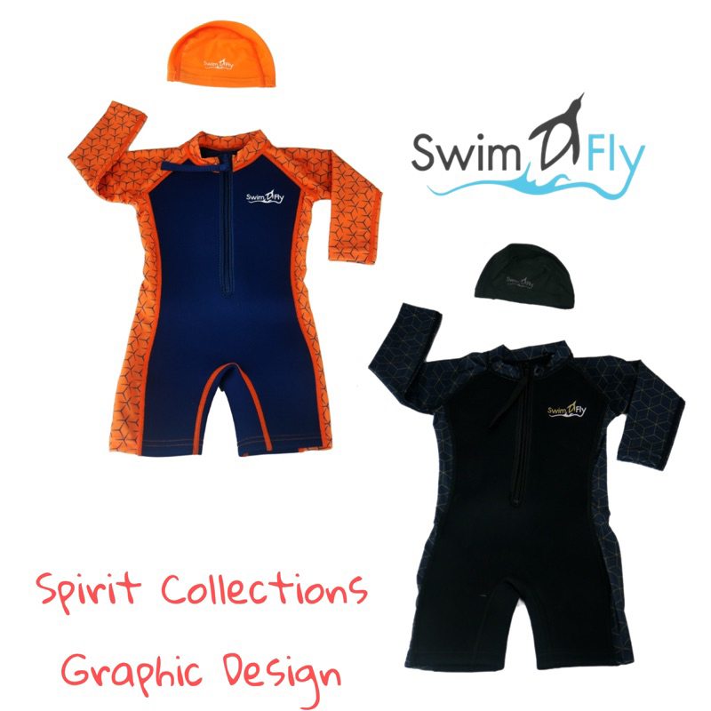 SwimFly ชุดว่ายน้ำรักษาอุณหภูมิ แบบแขนยาว+หมวกว่ายน้ำ รุ่น Spirit, Graphic Design ***สีส้มรีสต๊อคครบ