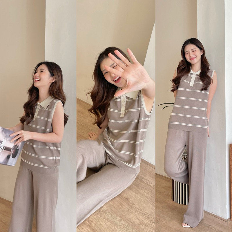 Bear Knit Set เซ็ตเสื้อไหมพรมคอปก+กางเกง