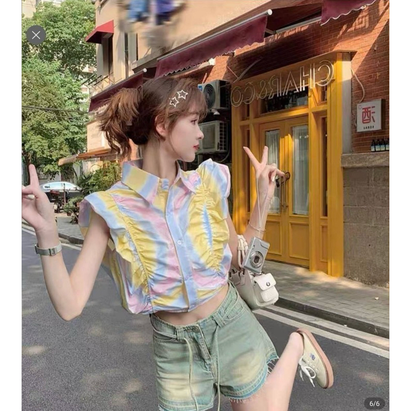 nt 03 เซตเสื้อแขนระบาย ยีนส์สั้น เชือกผูกเอว M/L