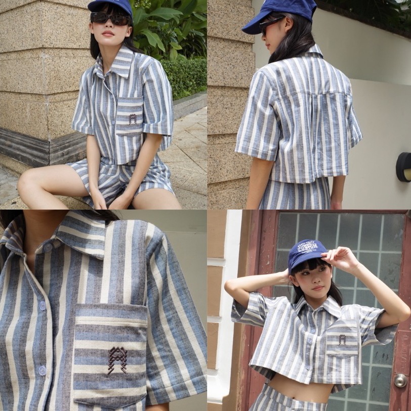 Aranya - linn crop shirt เสื้อเชิ้ตครอปแขนสั้น ทรง oversized ปักโลโก้