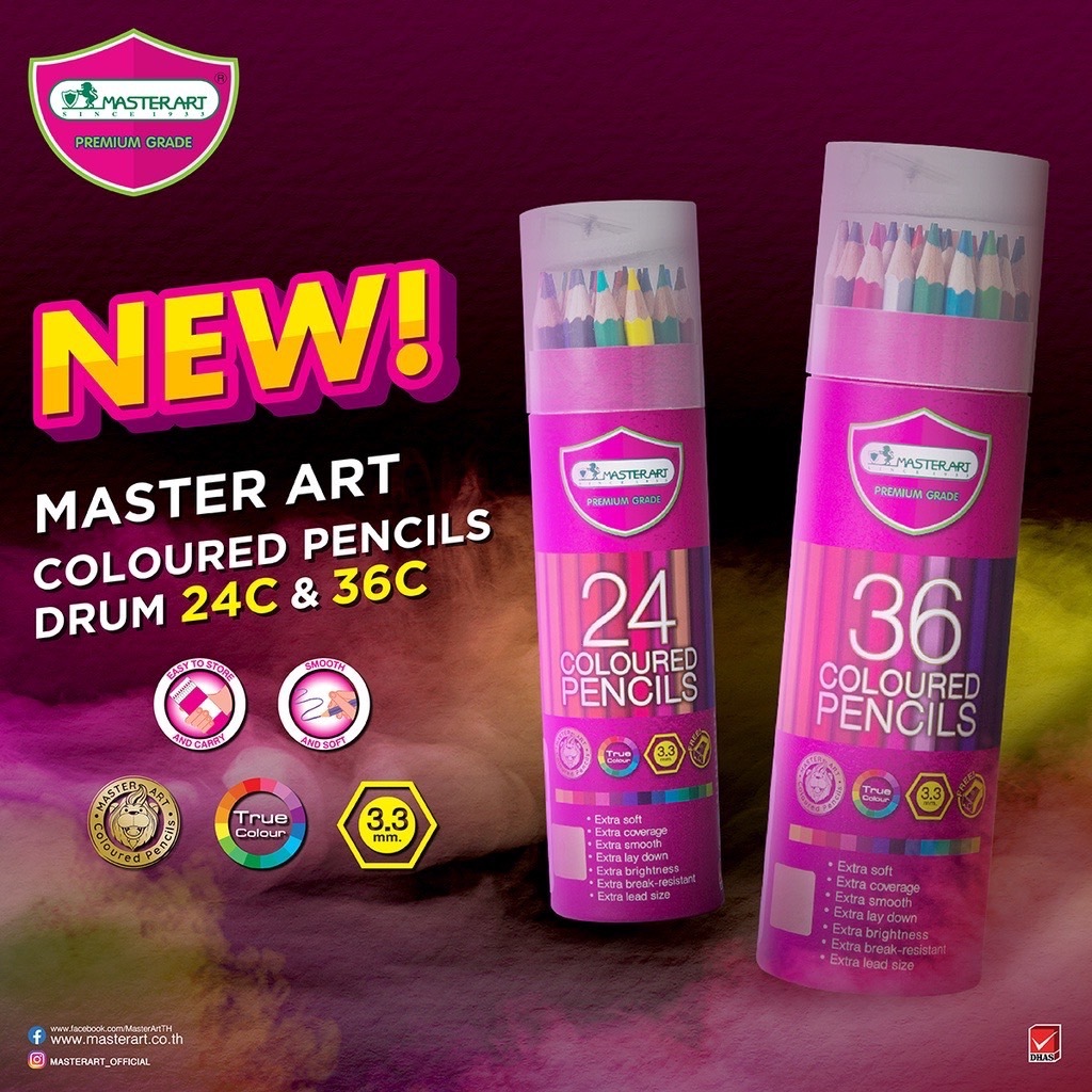 Master Art มาสเตอร์อาร์ต สีไม้ ดินสอสีไม้แท่งยาว 24 สี / 36 สี บรรจุกระบอก(แถมกบเหลาดินสอ)