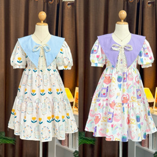 Dress ปกยาวระบายชั้นผูกโบว์ ( Vp ปกแหลมสีพื้น )