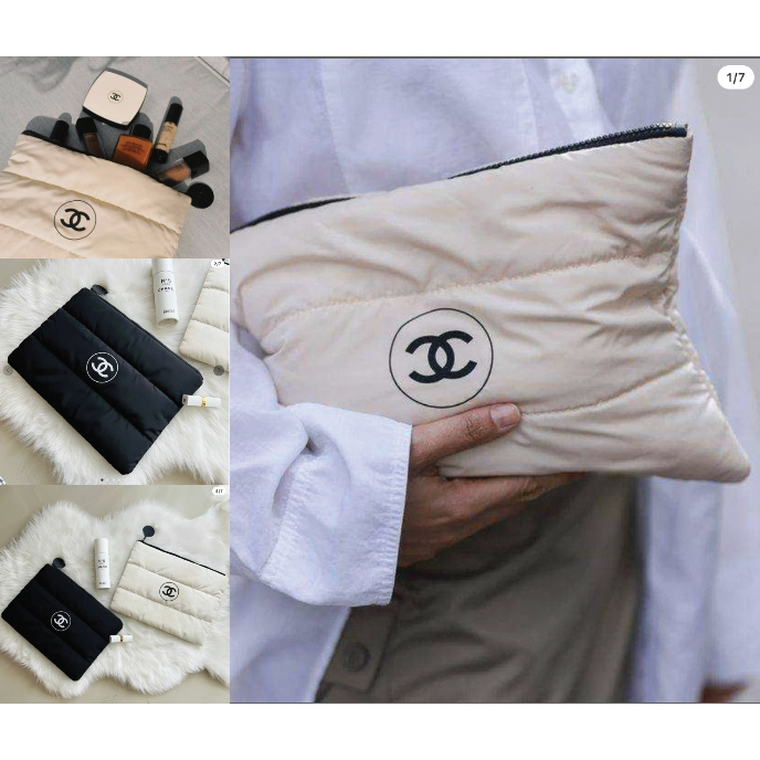 CHANEL Beaute Toiletry Pouch Large Puffy Cosmetic Clutch Pouch Cloud Padded