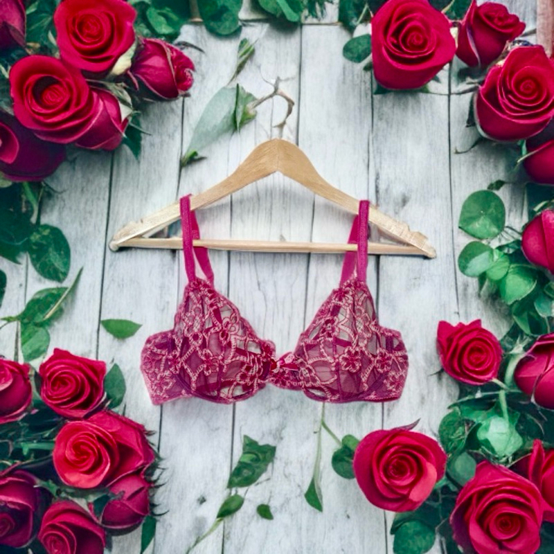 Rouge Gorge(รูจ จอร์จ) แบรนด์ดังจากฝรั่งเศส เสื้อชั้นในลูกไม้งานปักละเอียดสีชมพูซีทรู Sexy ของใหม่สาย3ระดับ 80B 80D 70E