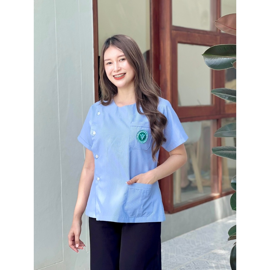 เสื้อสาธารณสุขรุ่นคอกลม  ฟอร์มฟ้า สาสุข ริ้วฟ้า