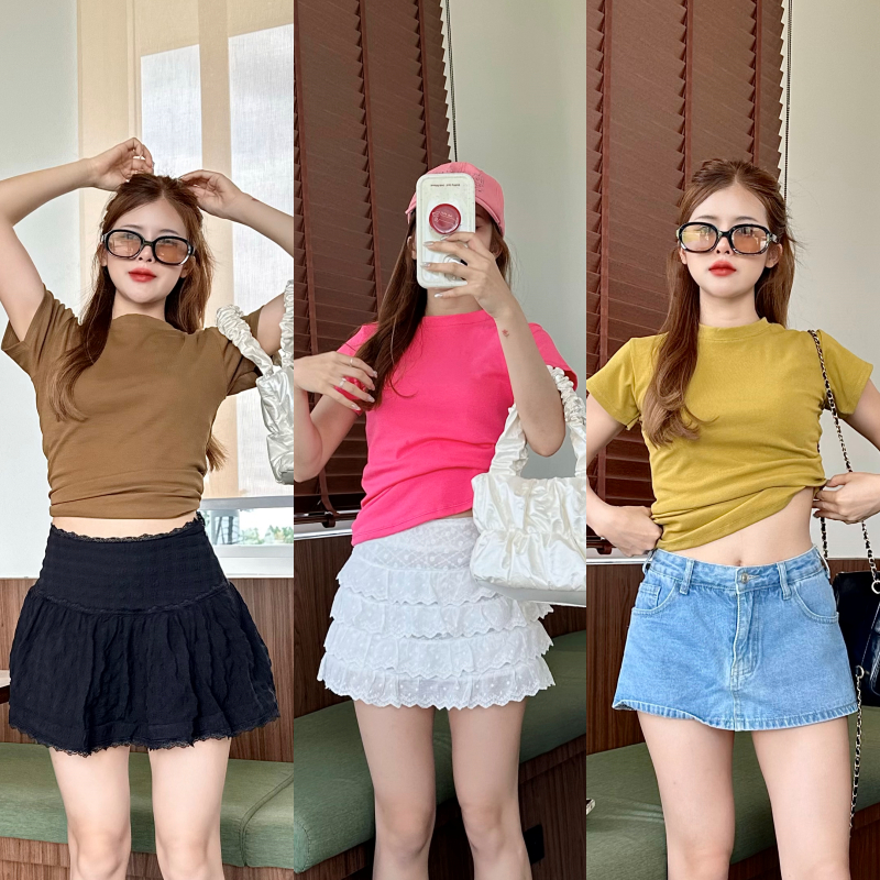 เสื้อครอปเข้ารูป คอกลมแขนสั้น ผ้ายูนิโคล่ 😋 ทรงน่ารักมาก BABY-TEE ผ้ายืดตามตัว พร้อมส่งจ้า รุ่น กิมจ