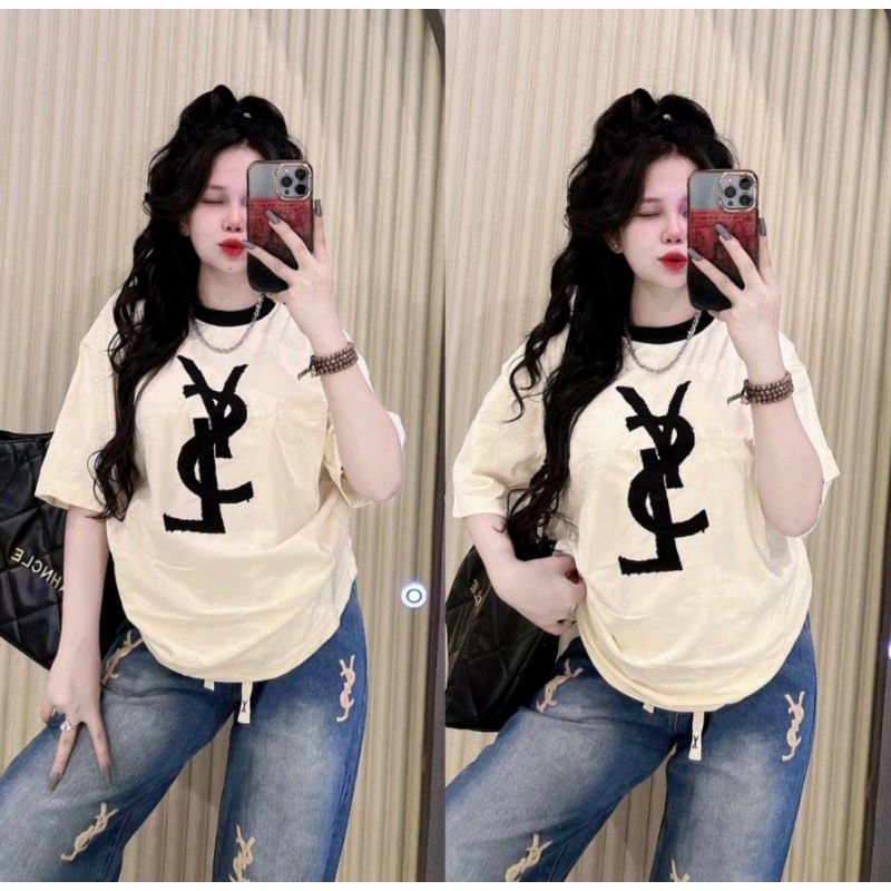 พร้อมส่ง งาน 2 ชิ้นเสื้อแขนสั้นสกรีนลายแบรนด์คู่กับกางเกงผ้าเกล็ดปลาฟอกสีเลียนแบบยีนส์งานสกรีนเข้าชุดกันงานสวยใส่สบาย