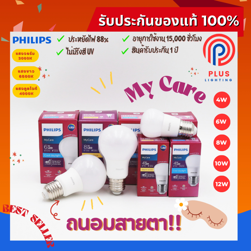 หลอดไฟ ฟิลิปส์ Philips 4W,6W,8W,10W,12W ขั้ว E27 MyCare LED Bulb