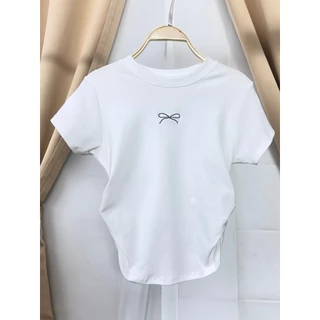🌈SpinnyHouse🌈เสื้อครอปแต่งย่นข้าง ปักโบว์ช่วงอก BABY TEE 😻 ผ้ายูนิโคล่ยืดตามตัว รุ่น ตาแป๋ว B-010-3-A