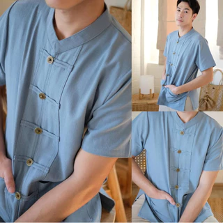 เสื้อคอจีนผู้ชาย ผ้าฝ้ายชินมัย รุ่นกระดุมเหรียญ สีพื้น