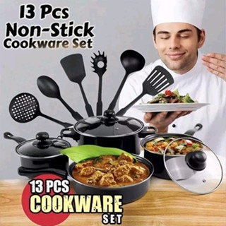 ชุดเครื่องครัว13ชิ้น กระทะเหล็ก ชุดหม้อเคลือบสีดํา กระทะและไ…