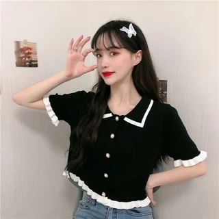 shop_sc [พร้อมส่ง] เสื้อไหมพรมแฟชั่นแขนสั้นผู้หญิง สไตล์เกาหลี คอปก เอวจั๊ม แต่งกระดุมมุข มี3สี