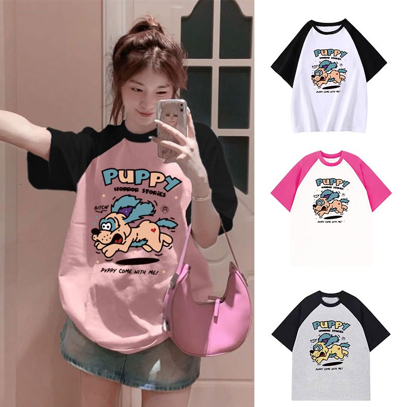 เสื้อยืดสวยๆผู้หญิงขาวแขนดํา oversize เสื้อผ้าสาวอวบแฟชั่นสไตล์เกาหลี เสื้อโอเวอร์ไซส์ ลายการ์ตูนน่ารัก สีทูโทน ทรงหลวม