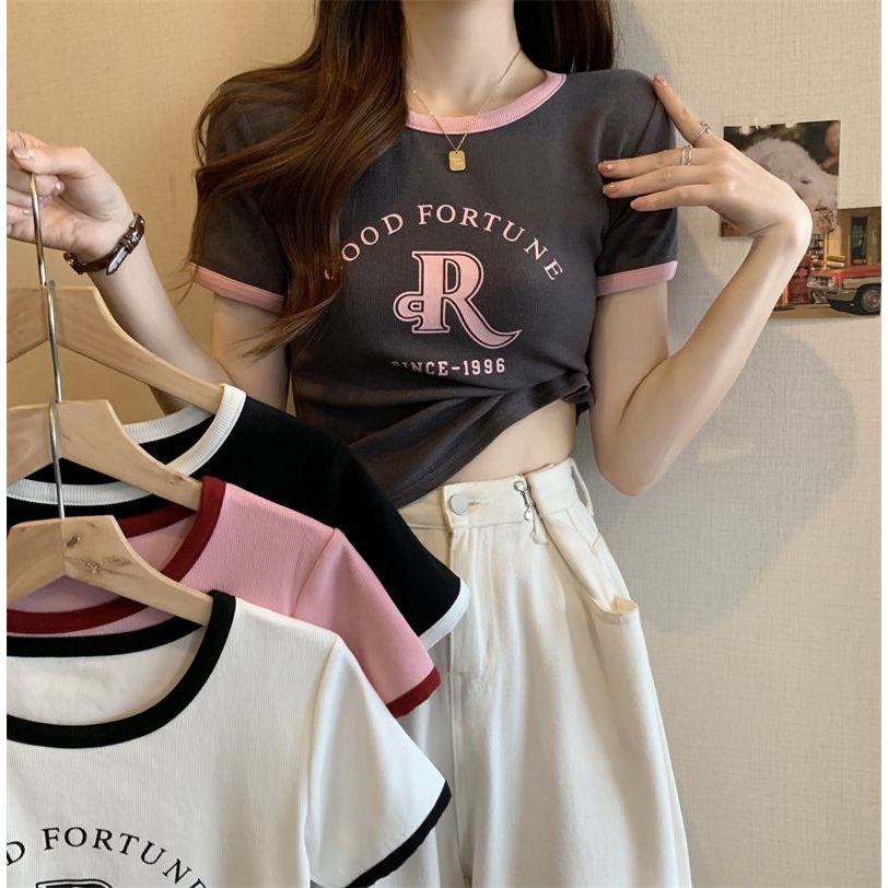 เสื้อครอปสาวอวบน่ารัก สีทูโทน เกาหลี เสื้อผ้าสไตล์ญี่ปุ่นแฟชั่นมาใหม่ เสื้อยืดสลิมฟิตสวยๆผู้หญิงที่กําลังฮิต พิมพ์ลาย