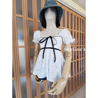 🌸OVP🌸 เสื้อฉลุลายดอกไม้ ผ้าคอตตอนฉลุ แต่งริบบิ้น เสื้อสีขาว