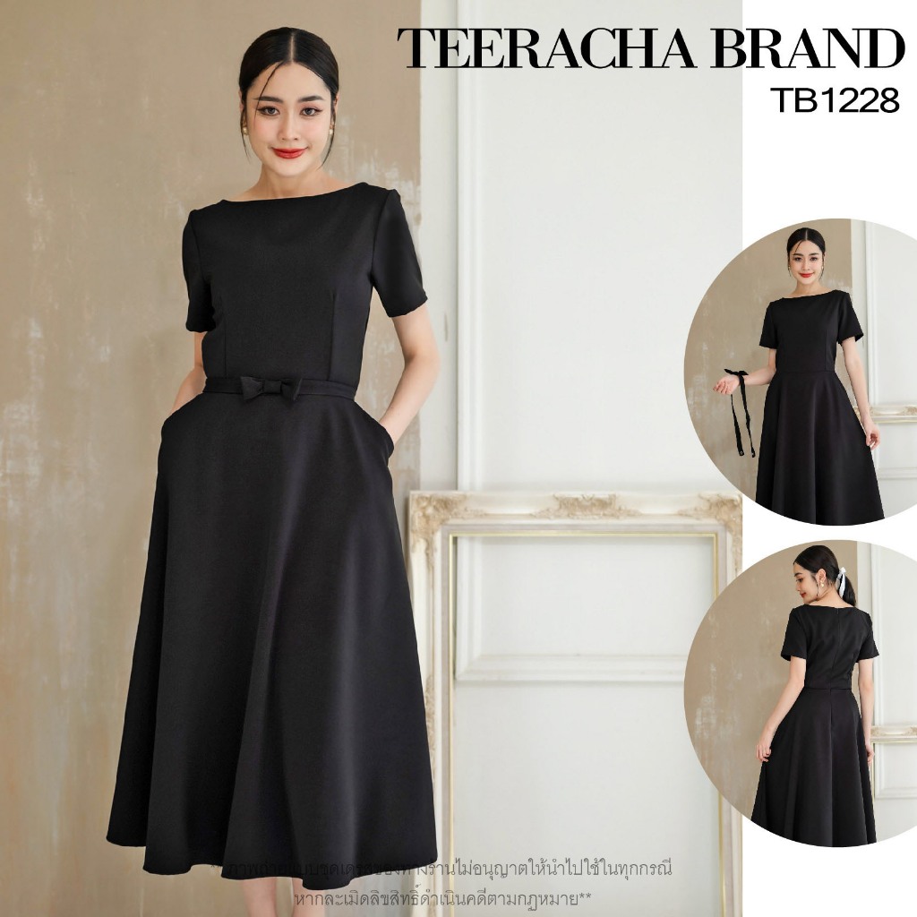 TeerachaBrand TB122845 เดรสคอปาด เข็มขัดโบว์ถอดออกได้ยาว45นิ้ว ชุดเดรสผู้หญิง สีดำ มีกระเป๋าข้าง ทรงสุภาพยาวคลุมเข่า