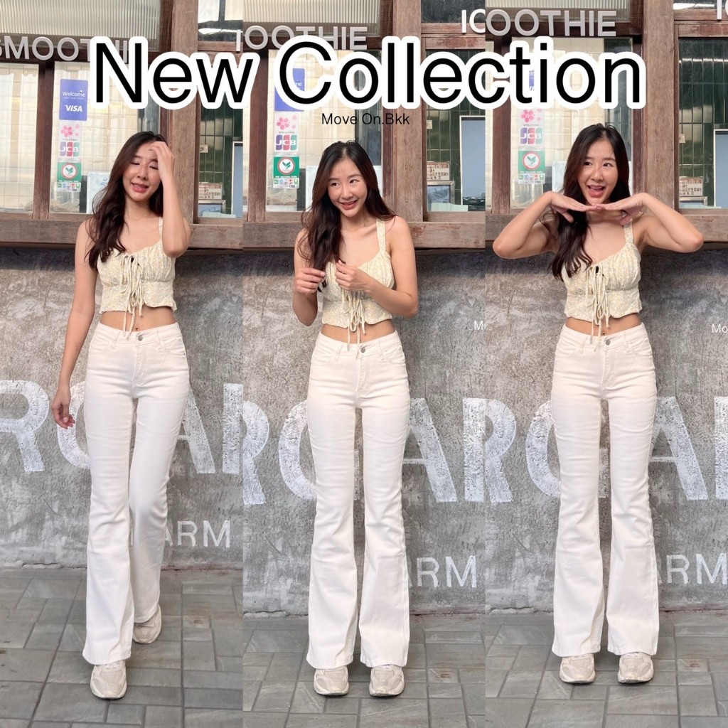 Moveon รหัส M05-3 ยีนส์ทรงขาม้าเล็ก เอวกลาง สีขาว พร้อมส่ง ไซส์ S M L XL