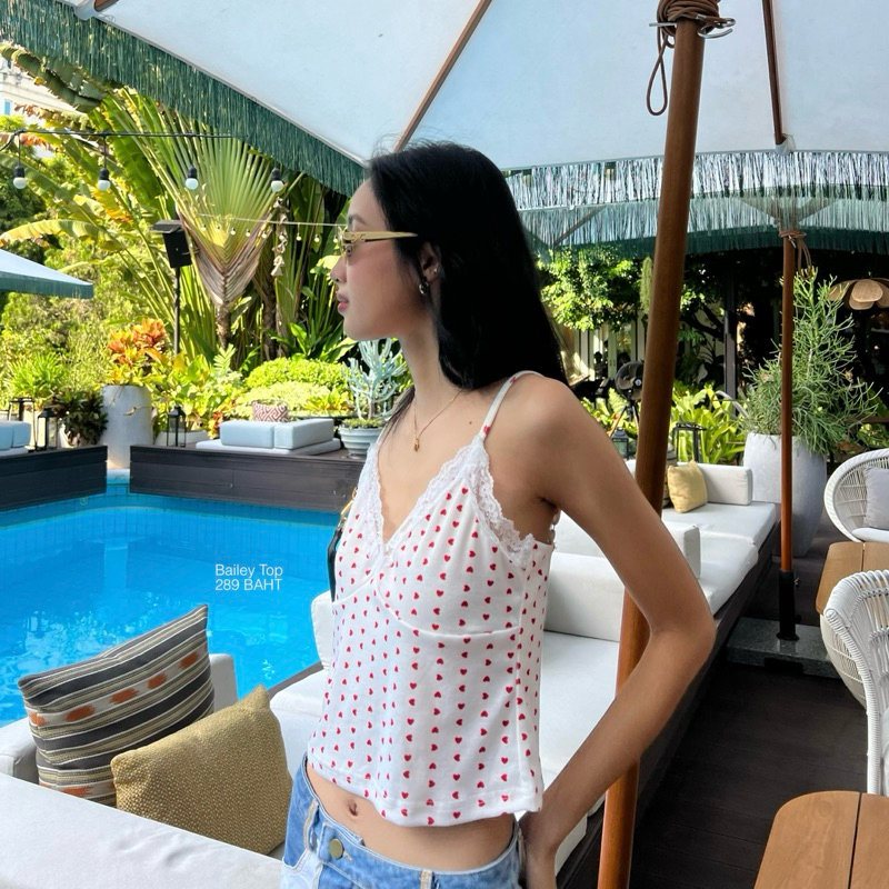 Bailey Tank top สายเดี่ยวลูกไม้ สายเดี่ยวลายหัวใจ ผ้าร่อง ปรับสายได้ช