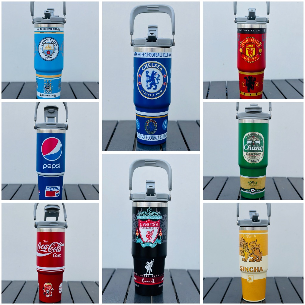 เเก้วเก็บอุณหภูมิ รุ่นใหม่ สกรีนเลเซอร์ ขนาด900 ML ฝาหูหิ้ว เปิดดื่ม2หัว พร้อมหลอดดูด