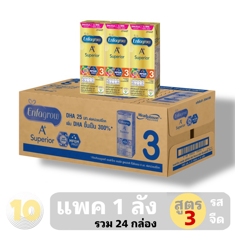 Enfagrow A+ Suprerior UHT 180ml.เอนฟาโกร ยูเอชที สูตร 3 ขนาด 180มล.*3*8 รสจืด **ขายยกลัง 24 กล่อง**