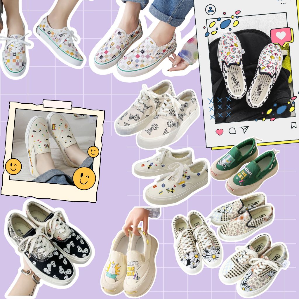 พร้อมส่ง M017 รองเท้าผ้าใบสลิปออนผูกเชือกกับไม่ผูกเชือกข้อสั้น แต่งลายมินิมอลน่ารักๆ
