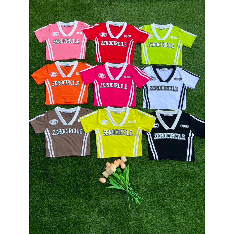 เสื้อครอปสั้นเอวลอย ตีแถบ สีสดสวย สำหรับกีฬาสี และเชียร์กีฬาZL
