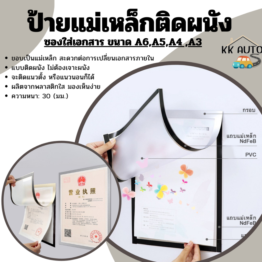 ป้ายติดผนัง กรอบป้ายติดผนัง กรอบโชว์ป้ายประกาศ แม่เหล็ก ไม่ต้องเจาะผนัง มีกาวในตัว (สินค้าในไทย)