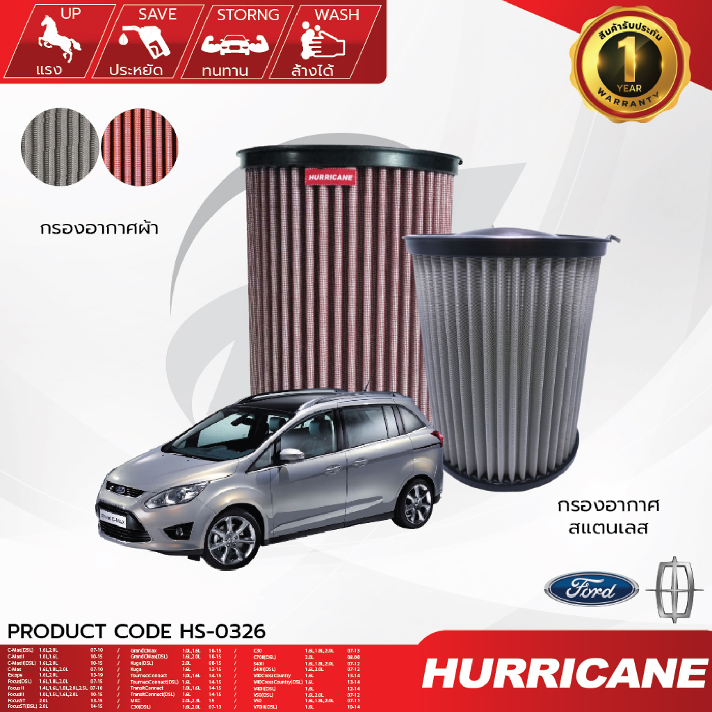 HURRICANE กรองอากาศรถยนต์ผ้าแดง & สแตนเลส Ford/Lincoin/Volvo HS-0326