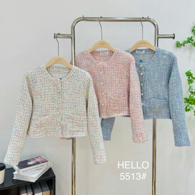 เสื้อคลุมแขนยาว ผ้าทวิต คอกลม กระดุมมุก ผ้าทอสลับสี #H5513