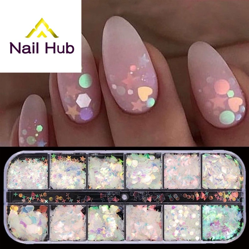 กากเพชรคละลาย 12 ช่อง สำหรับแต่งเล็บ สีออโรร่า มี 2 เฉดสีให้เลือก พร้อมส่งในไทย
