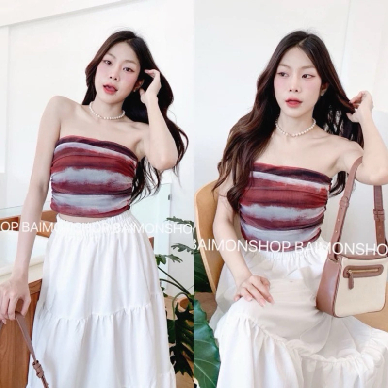 aimorn_shopเกาะอกผ้าชีฟองซีทรูบางๆ พิมพ์ลายเนเจอร์ ด้านในมีซับอย่างดี ผ้านิ่มๆไม่คันไม่บาดผิว