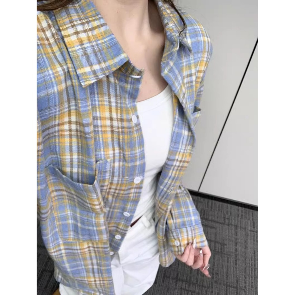 ล้างสต็อก SMDB065 เสื้อเชิ้ตแฟชั่นคอปกแขนยาวสําหรับผู้หญิง ลายสก็อตสีสันสดใส ทูโทน เหมาะกับซัมเมอร์สุดๆ อก42