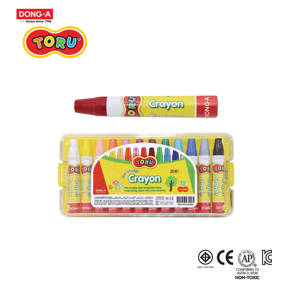 สีเทียน ไม่เลอะมือ ปลอดภัยสำหรับเด็ก 12 สี DONG-A TORU 202401 Non Smudge Crayon [S24]