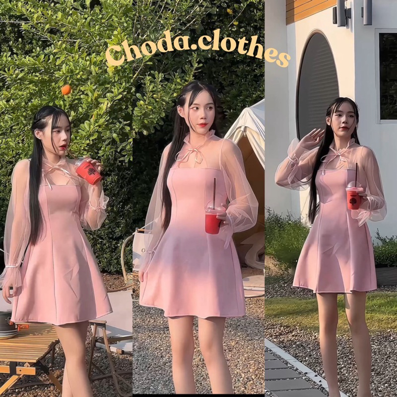 C21 มินิเดรสแขนยาวสไตล์คุณหนู แขนยาวผ้ามุ้งนิ่มผูกโบว์หลัง มี 4 ไซส์ S M L XL ส่งไว พร้อมส่ง