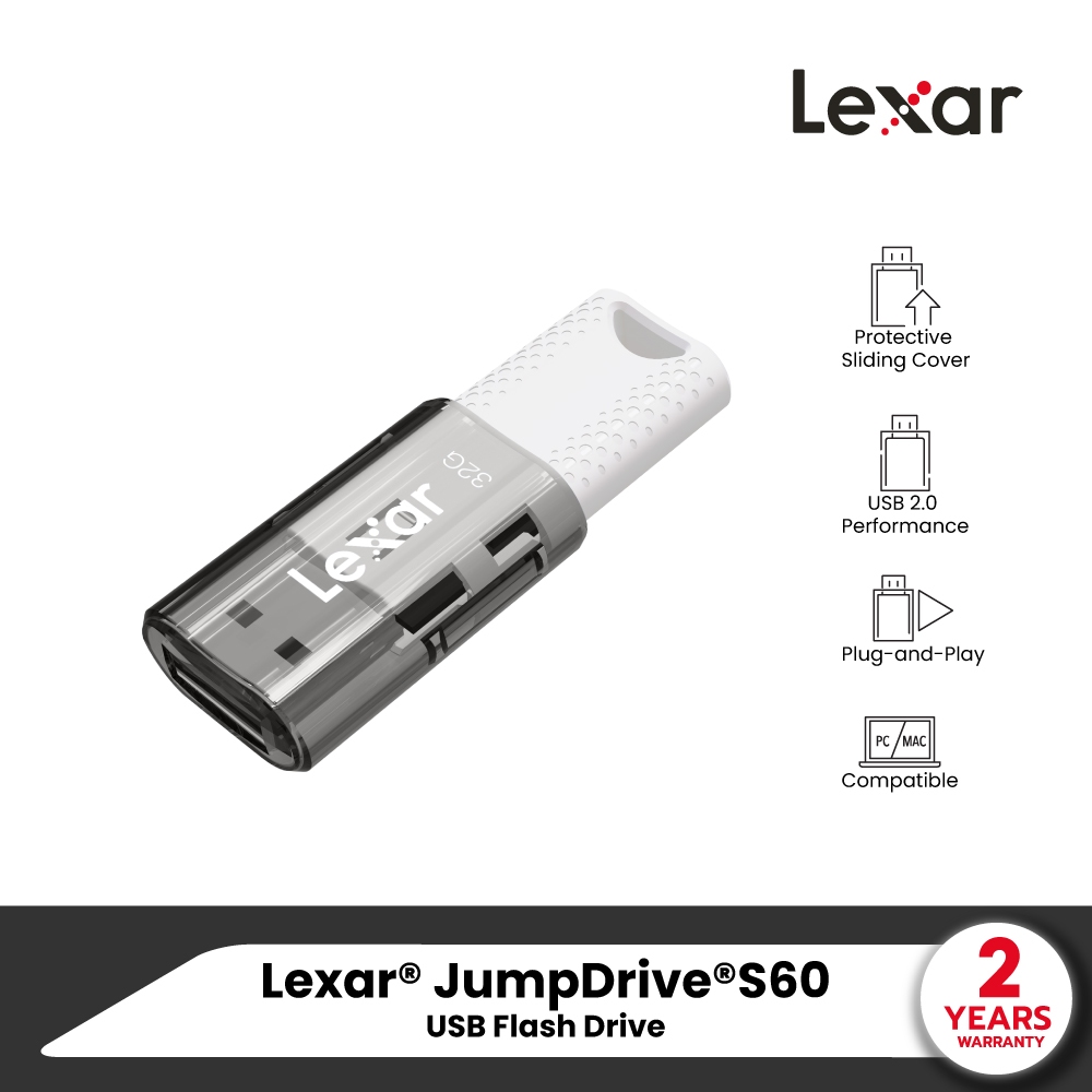 Lexar S60 32GB USB 2.0 Flash Drive (ยูเอสบีแฟลชไดรฟ์) Plug-and-Play (LJDS060032G) PC/Mac