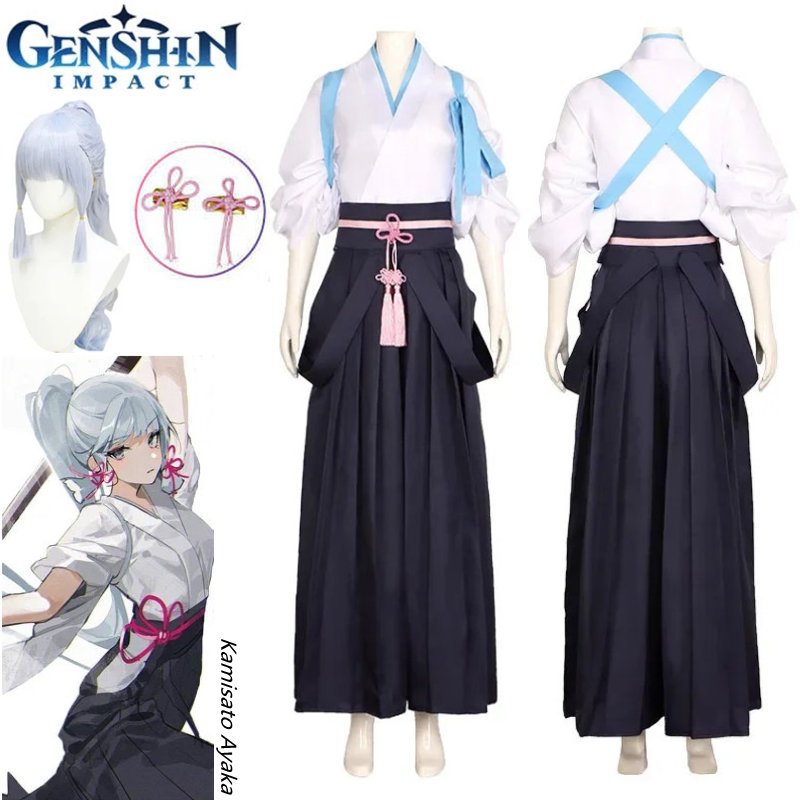 เกม Genshin ผลกระทบ Kamisato Ayaka คอสเพลย์ชุดกิโมโนเครื่องแต่งกาย Kendo วิกผมเต็มชุดฮาโลวีนสำหรับผู้หญิง